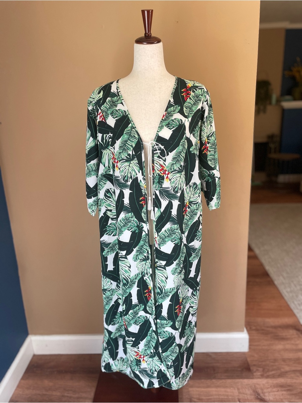 Rachel Zoe Kimono Duster Swim Coverup One Size OS Tie Front Tassels Tropical